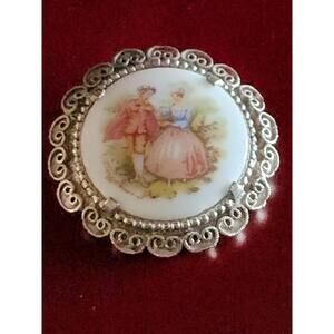 Victorian Signed Fragonard Courting Couple Brooch/pin